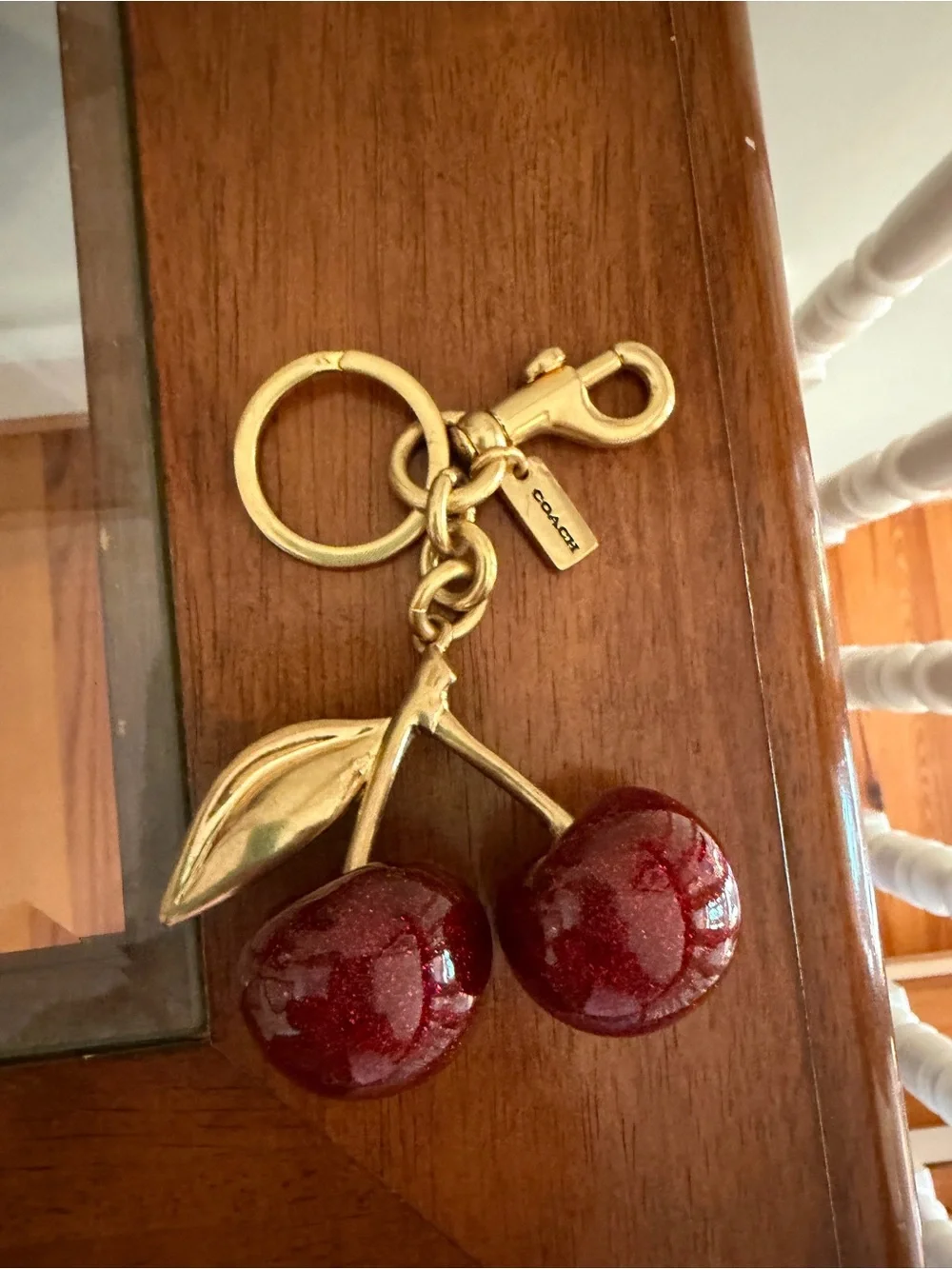 Coach Gold-Tone Cherry Bag Charm with Deep Red Cherries Glitter Y2K